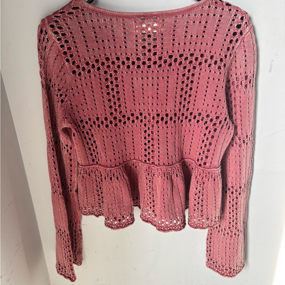 Lucky Brand Open Stitch Peplum Long Bell Sleeve Sweater Top Crochet style Small - Picture 3 of 6